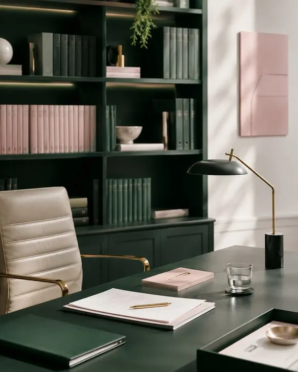 A signed document and pen on a dark desk in a private office